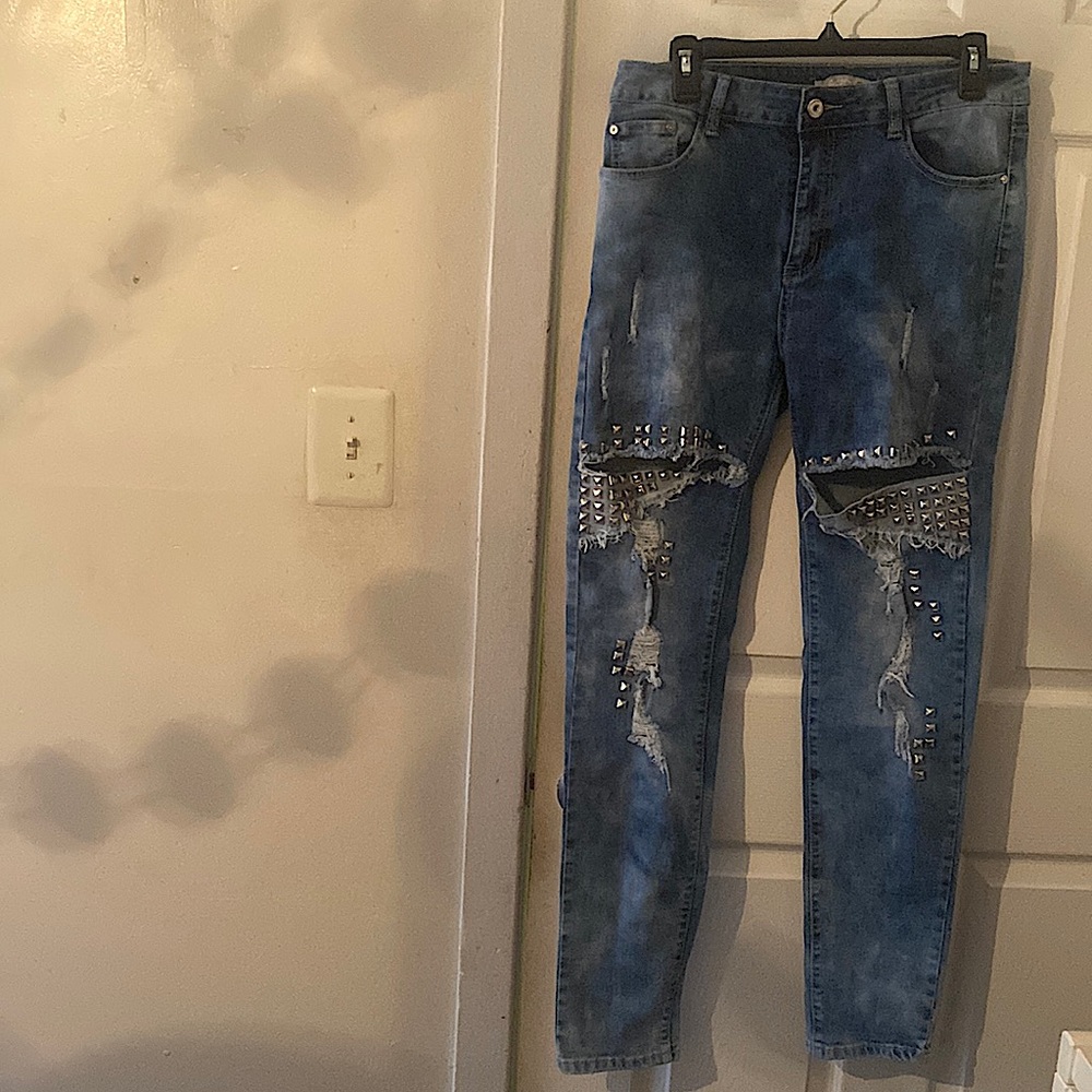 Blue Ripped Distressed Denim Jeans With Studs